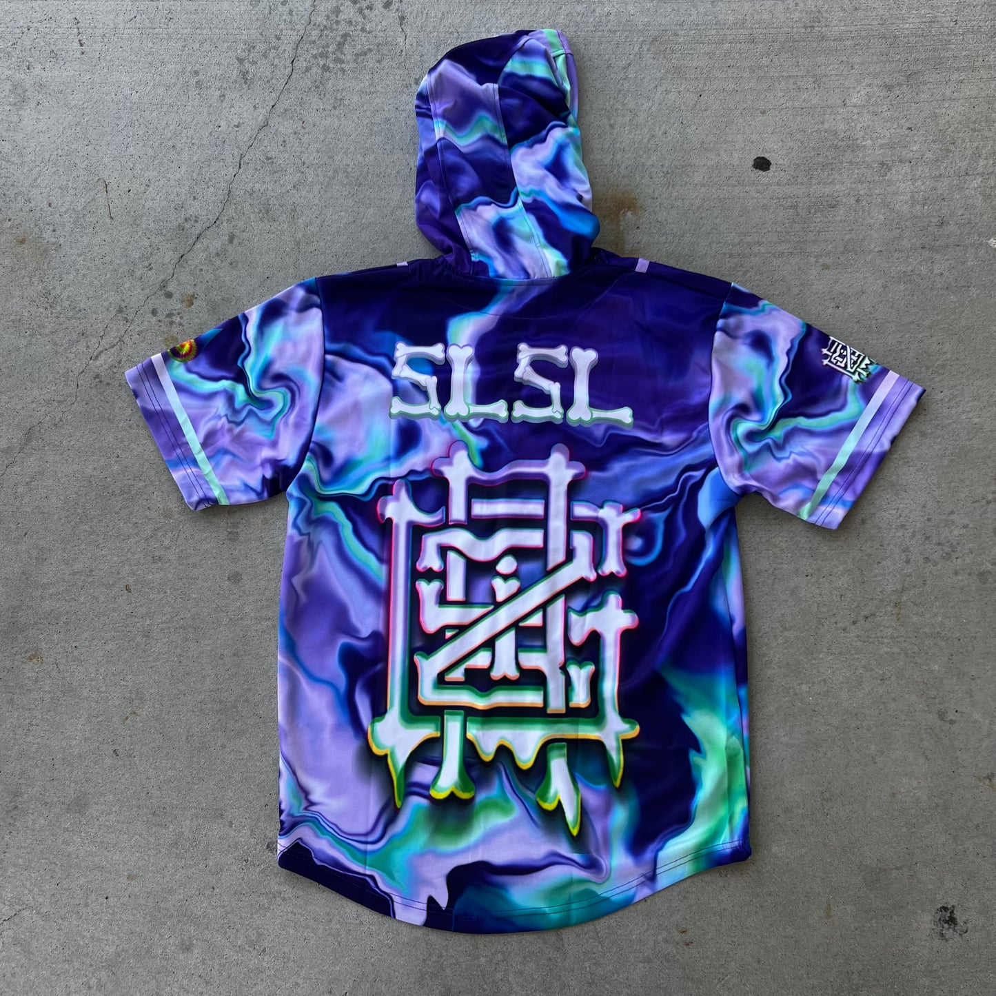 Purple GrizDrip hooded baseball jersey by Drip Drop Labs, featuring a stylish purple design with a hood and athletic fit.