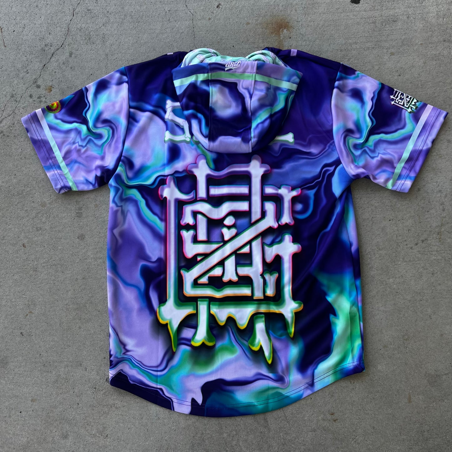 Purple GrizDrip hooded baseball jersey by Drip Drop Labs, featuring a stylish design with a hood and team-inspired details.