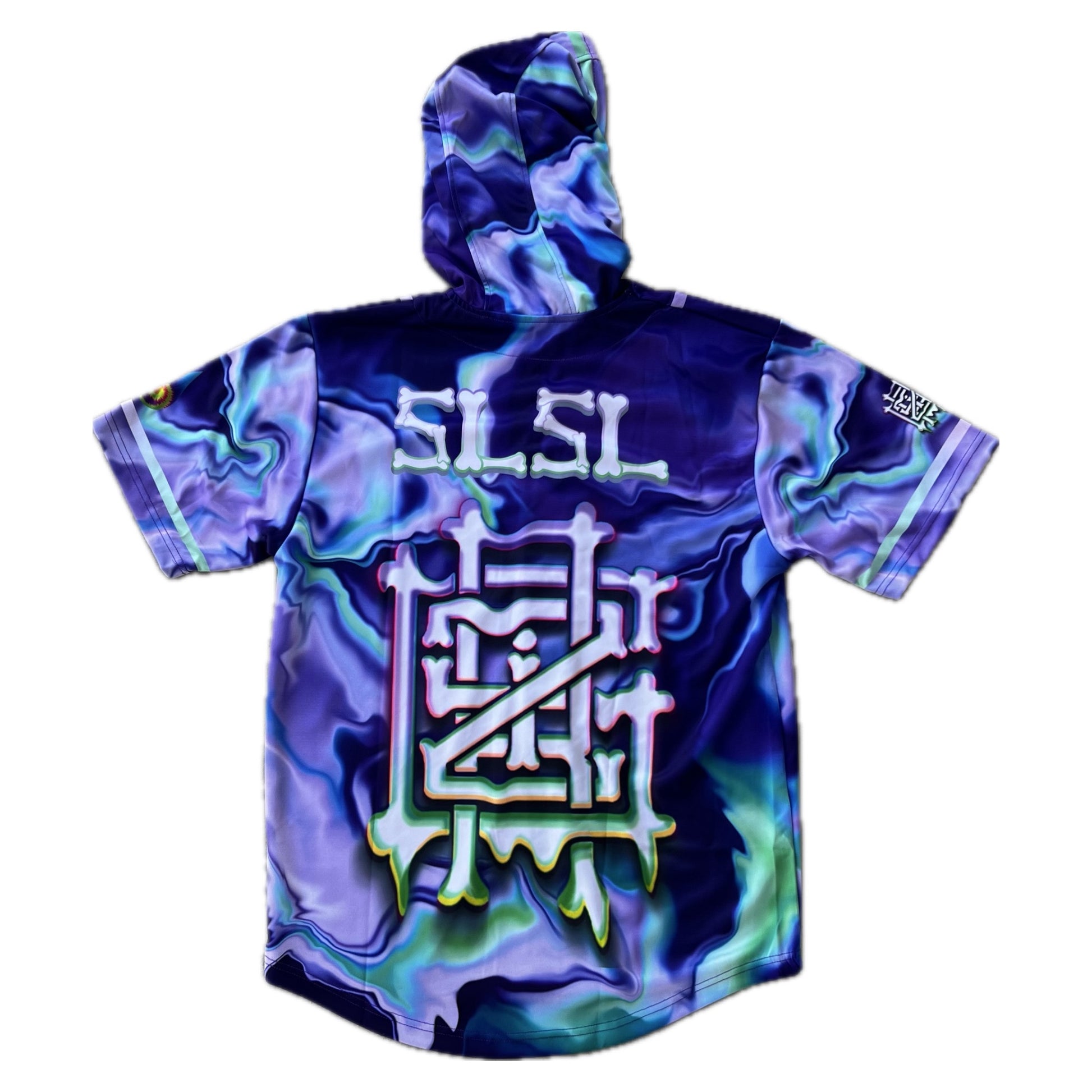 Purple GrizDrip hooded baseball jersey by Drip Drop Labs, featuring a stylish design and athletic fit.