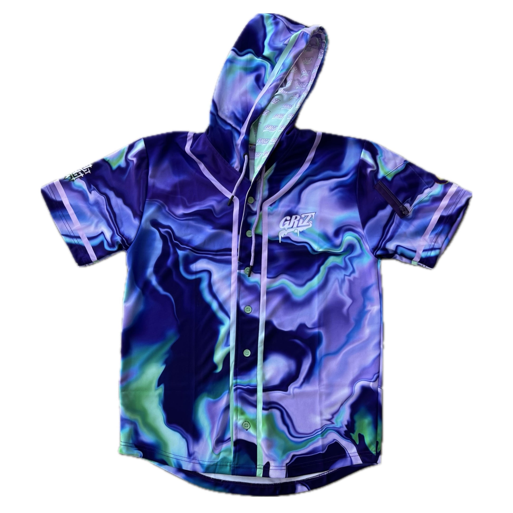 Purple GrizDrip hooded baseball jersey by Drip Drop Labs featuring a purple design and athletic style.