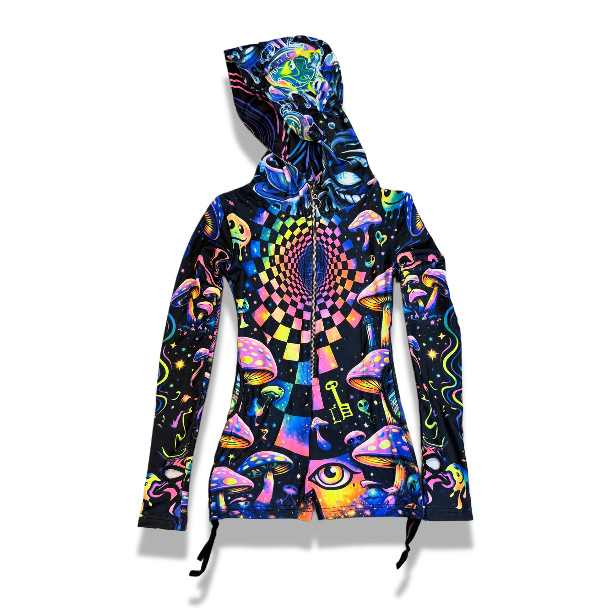 Rainbow Portal Hooded Rave Romper by Drip Drop Labs featuring a psychedelic rainbow design and hood, perfect for festival wear.