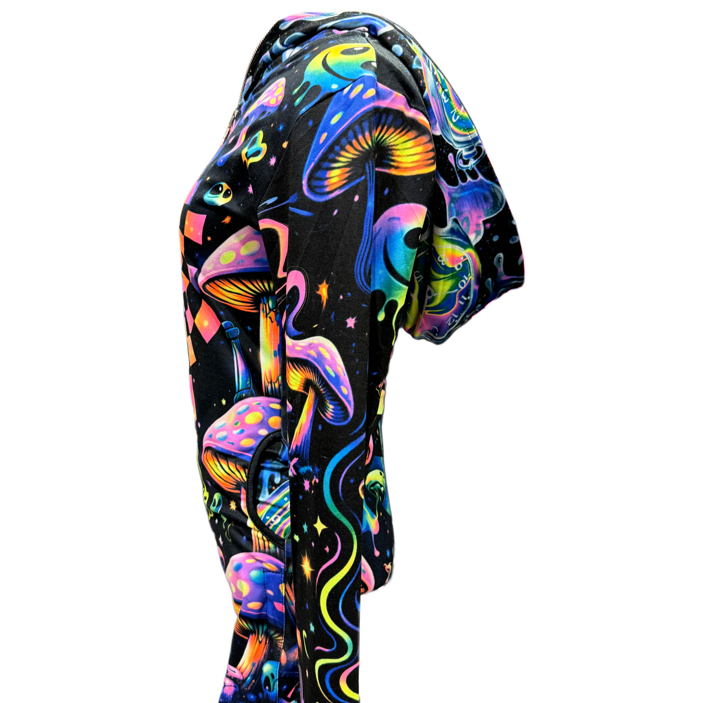 Rainbow Portal Hooded Rave Romper by Drip Drop Labs featuring a vibrant, psychedelic design with a hood and festival-ready fit.