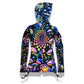 Rainbow Portal Hooded Rave Romper by Drip Drop Labs featuring a psychedelic rainbow design and hood for festival wear.