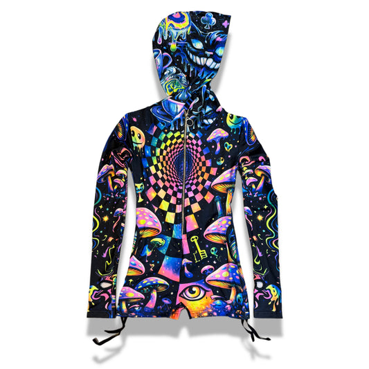 Rainbow Portal Hooded Rave Romper by Drip Drop Labs featuring a psychedelic rainbow design and hood for festival wear.