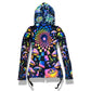 Rainbow Portal Hooded Rave Romper by Drip Drop Labs, featuring vibrant psychedelic patterns and a hood for festival wear.