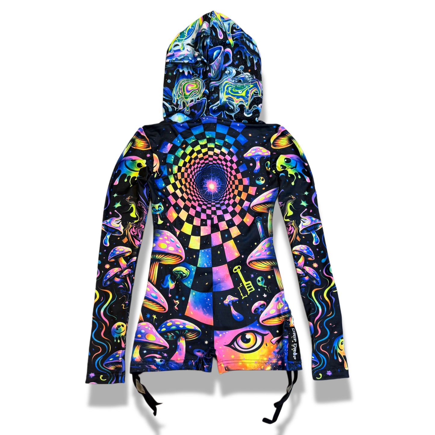 Rainbow Portal Hooded Rave Romper by Drip Drop Labs, featuring vibrant psychedelic patterns and a hood for festival wear.