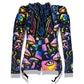 Rainbow Portal Hooded Rave Romper by Drip Drop Labs featuring a psychedelic rainbow design and hood, perfect for festival wear.