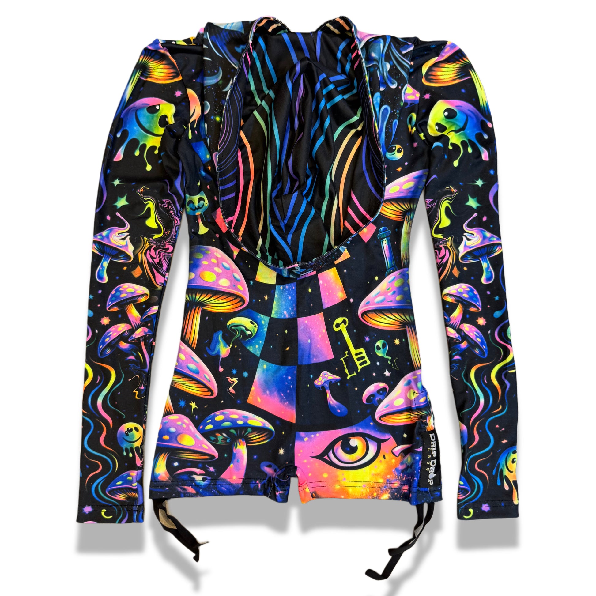 Rainbow Portal Hooded Rave Romper by Drip Drop Labs featuring a psychedelic rainbow design and hood, perfect for festival wear.