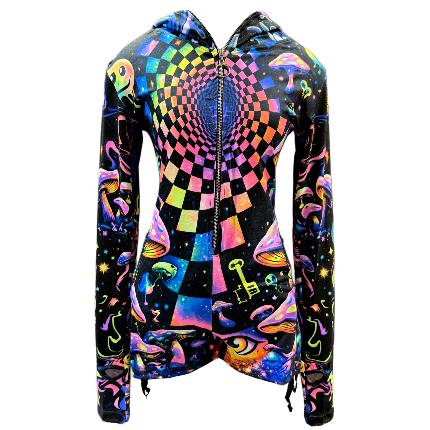 Rainbow Portal Hooded Rave Romper by Drip Drop Labs featuring psychedelic patterns and a hood, designed for festival wear.
