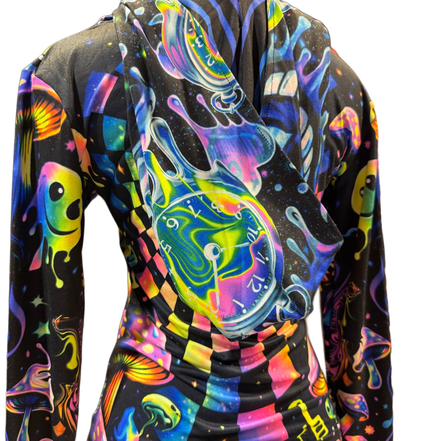 Rainbow Portal Hooded Rave Romper by Drip Drop Labs featuring vibrant psychedelic rainbow colors and a hood for festival wear.