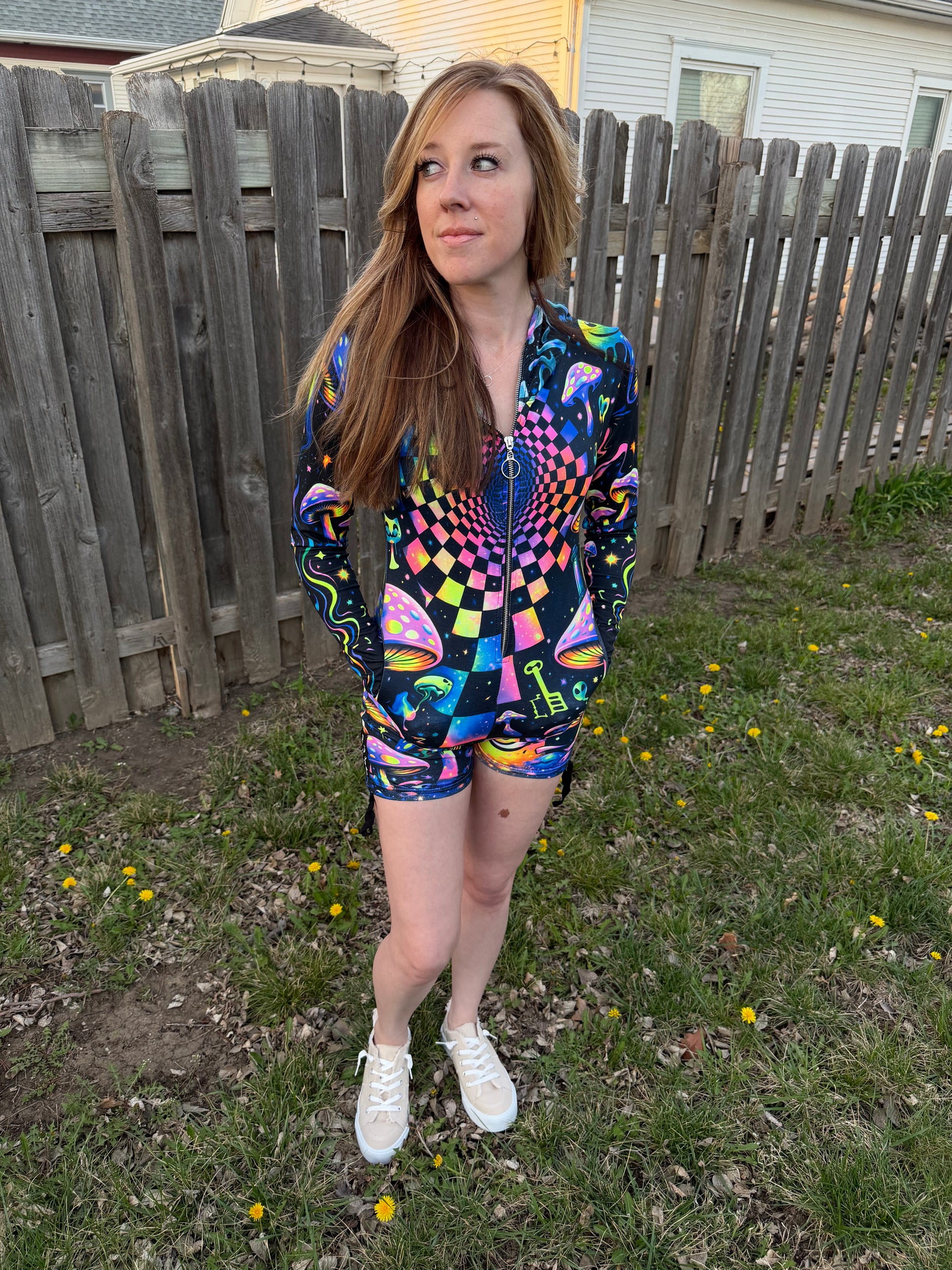 Rainbow Portal Hooded Rave Romper by Drip Drop Labs, featuring psychedelic festival-inspired design with a hood and vibrant colors.