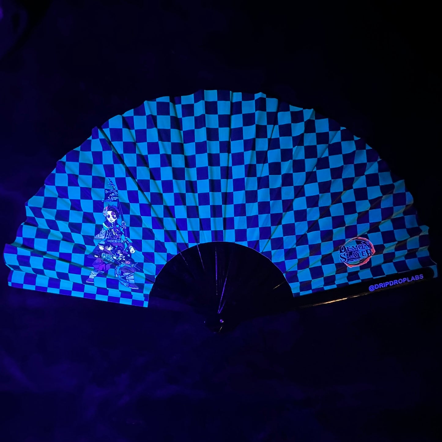 Drip Drop Labs Slayer Sun Breathing glow fan showing vibrant, illuminated design with rotating blades and glowing effects.