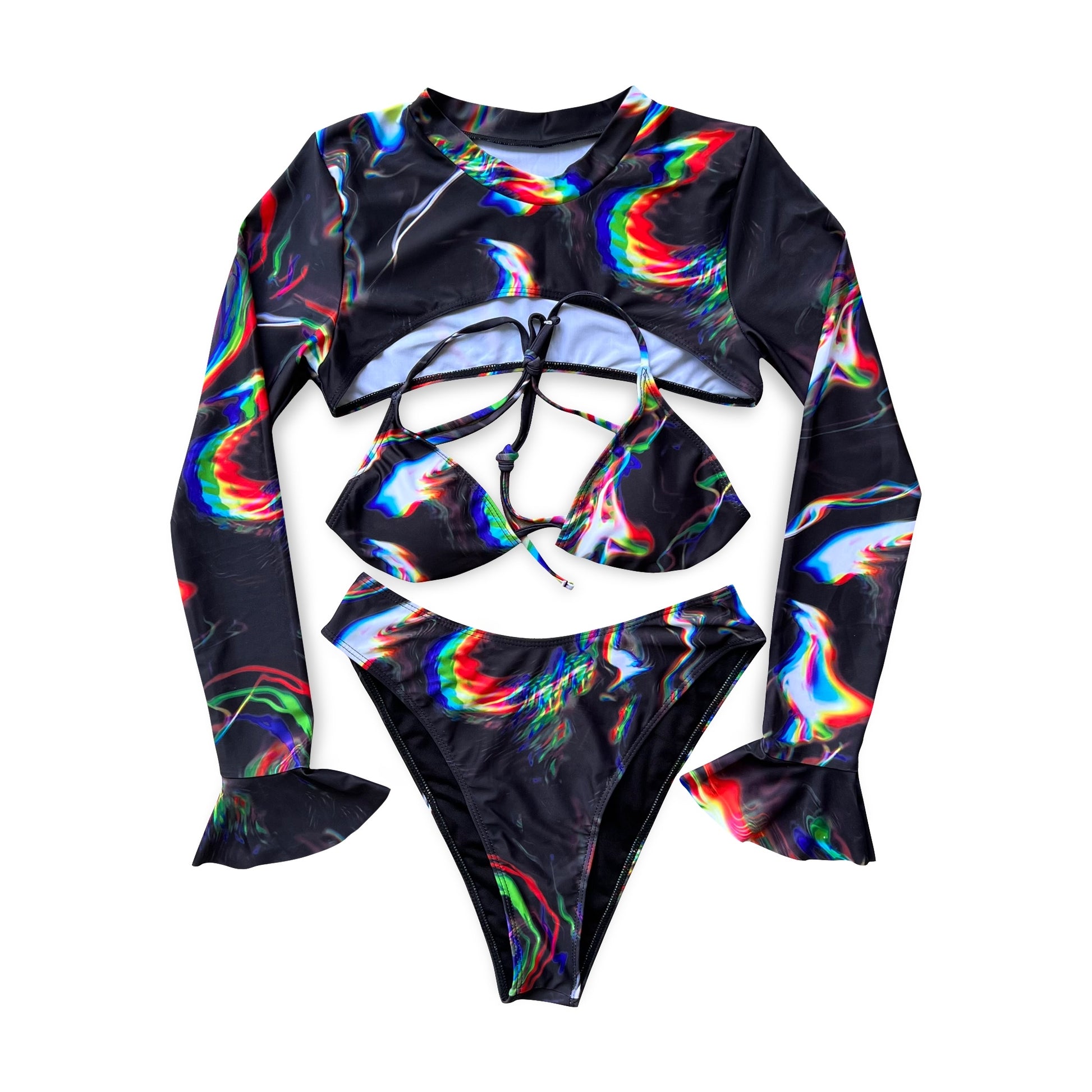 Women’s Chromatic Seduction rave bikini by Drip Drop Labs featuring vibrant, iridescent colors and a sleek, fitted design.