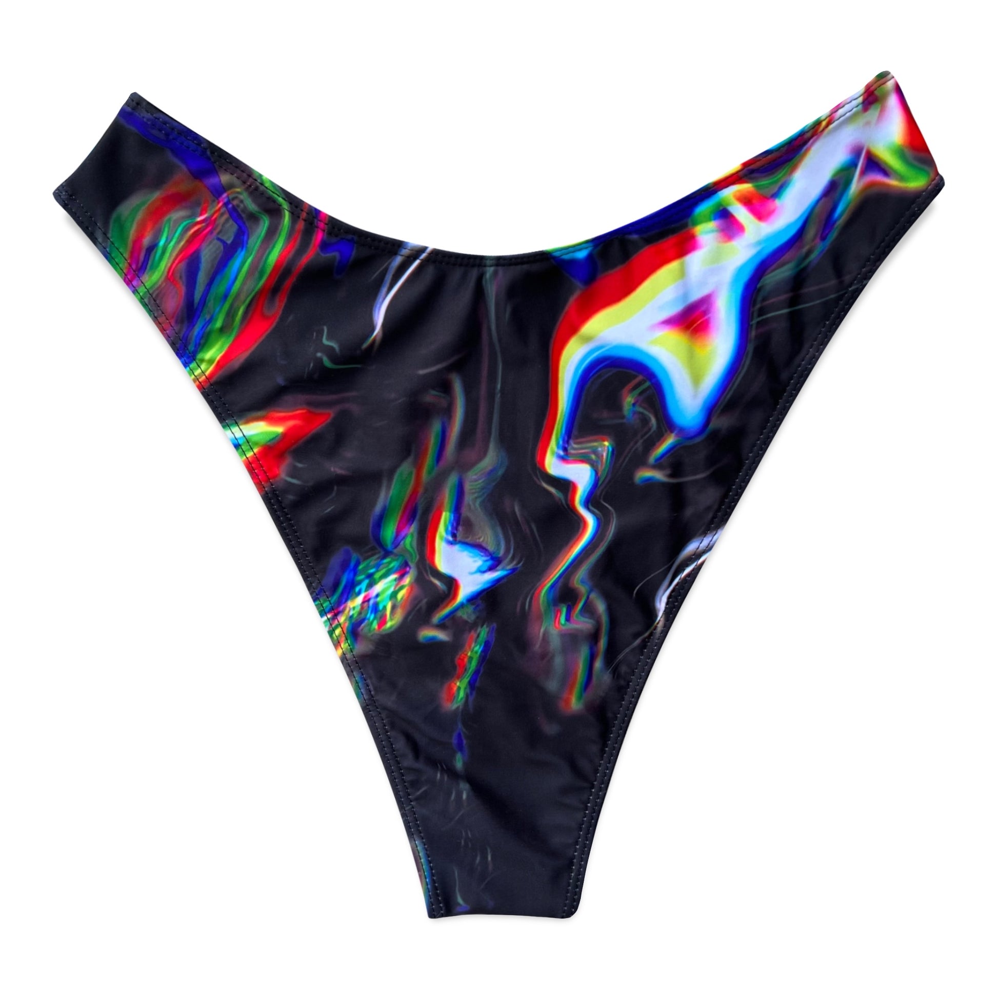 Women’s Chromatic Seduction bikini rave bottoms by Drip Drop Labs, featuring vibrant, colorful fabric with a stylish fit.