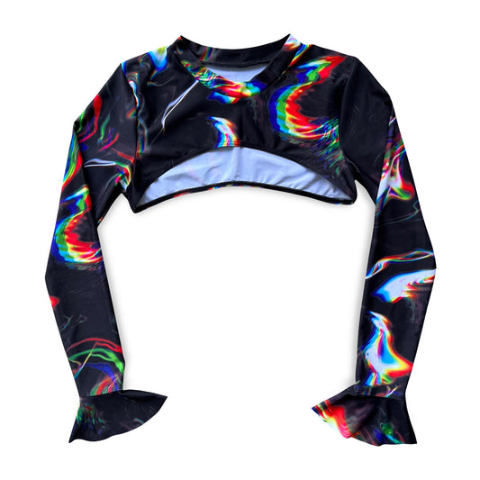 Colorful women’s rave bikini top by Drip Drop Labs, featuring a vibrant chromatic design perfect for energetic dance events.