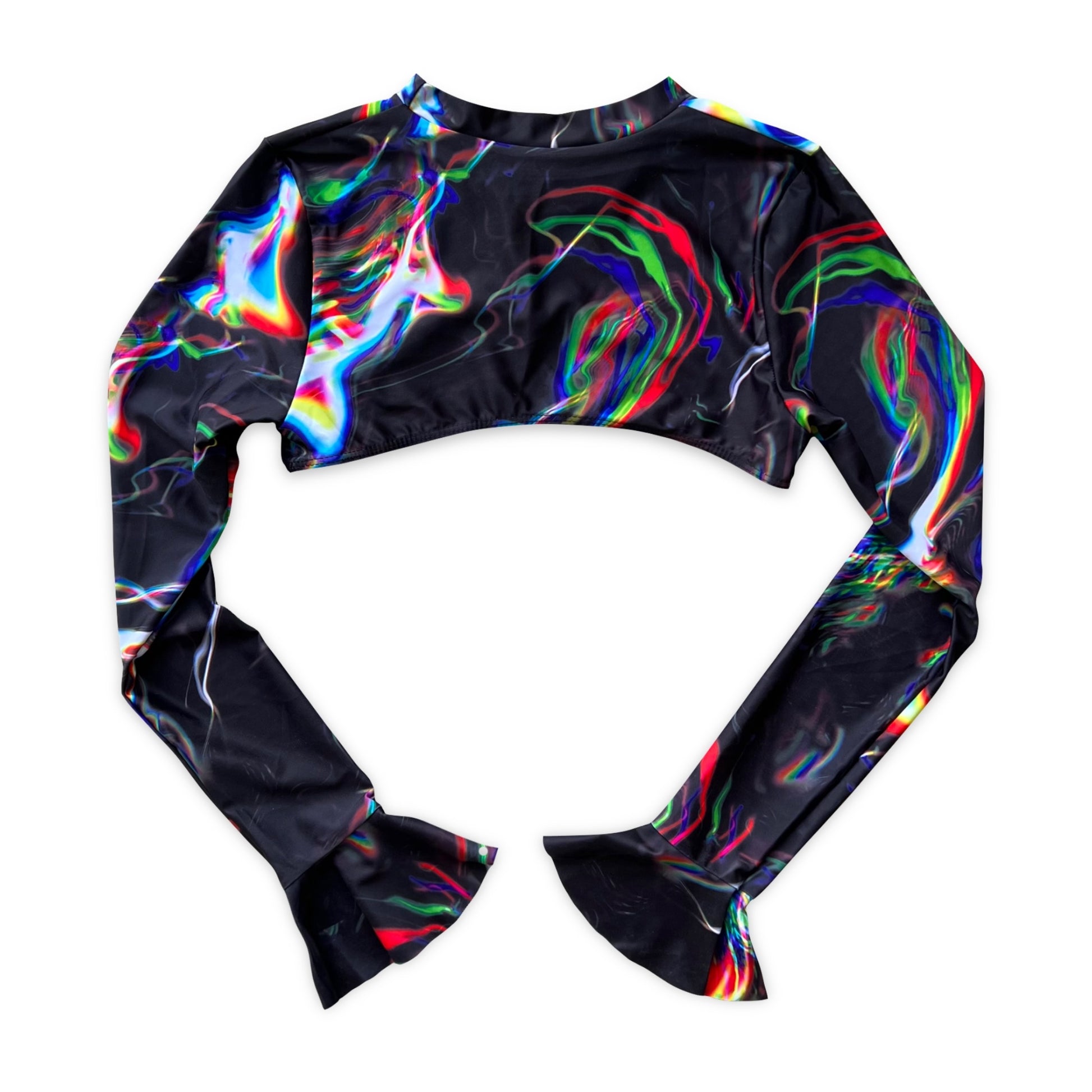 Bright chromatic seduction women's rave bikini top by Drip Drop Labs, featuring vibrant, shiny fabric and a fashionable fit.