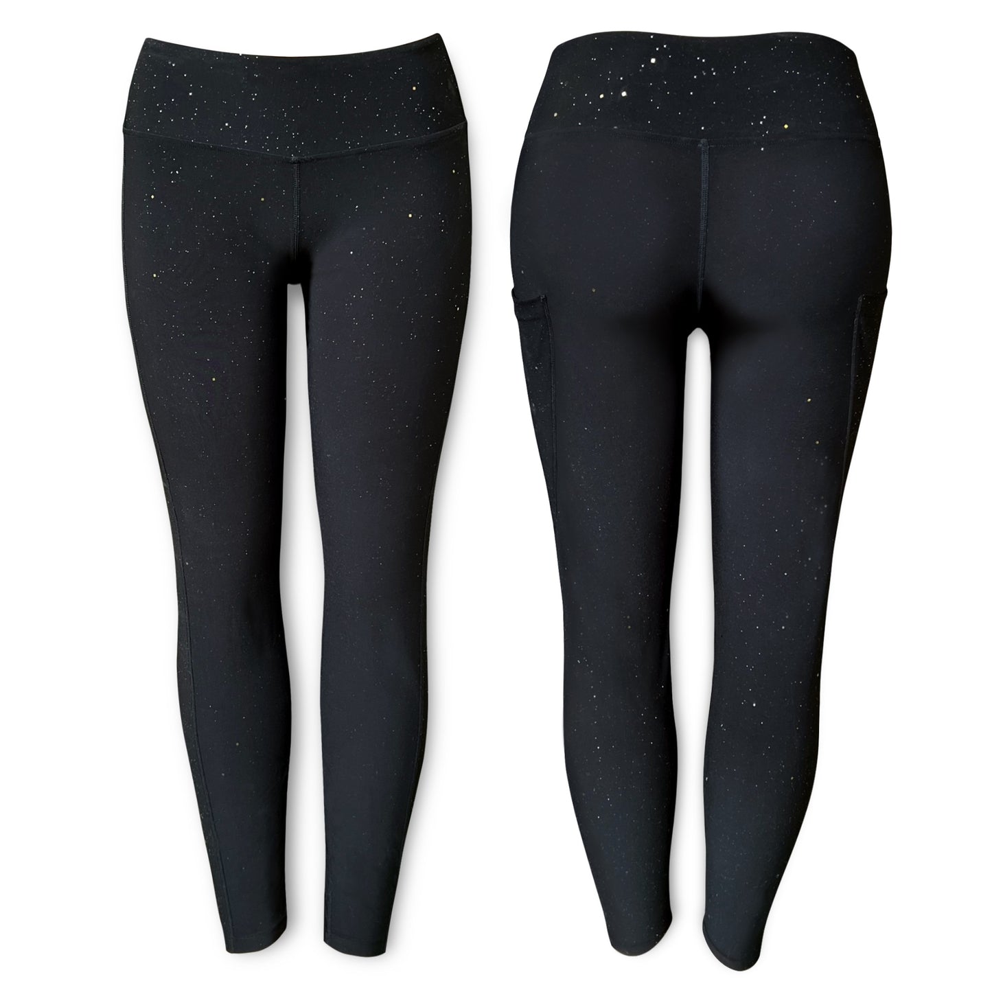 Black Galactic Leggings by Drip Drop Labs featuring cosmic star patterns and a comfortable stretch fit.