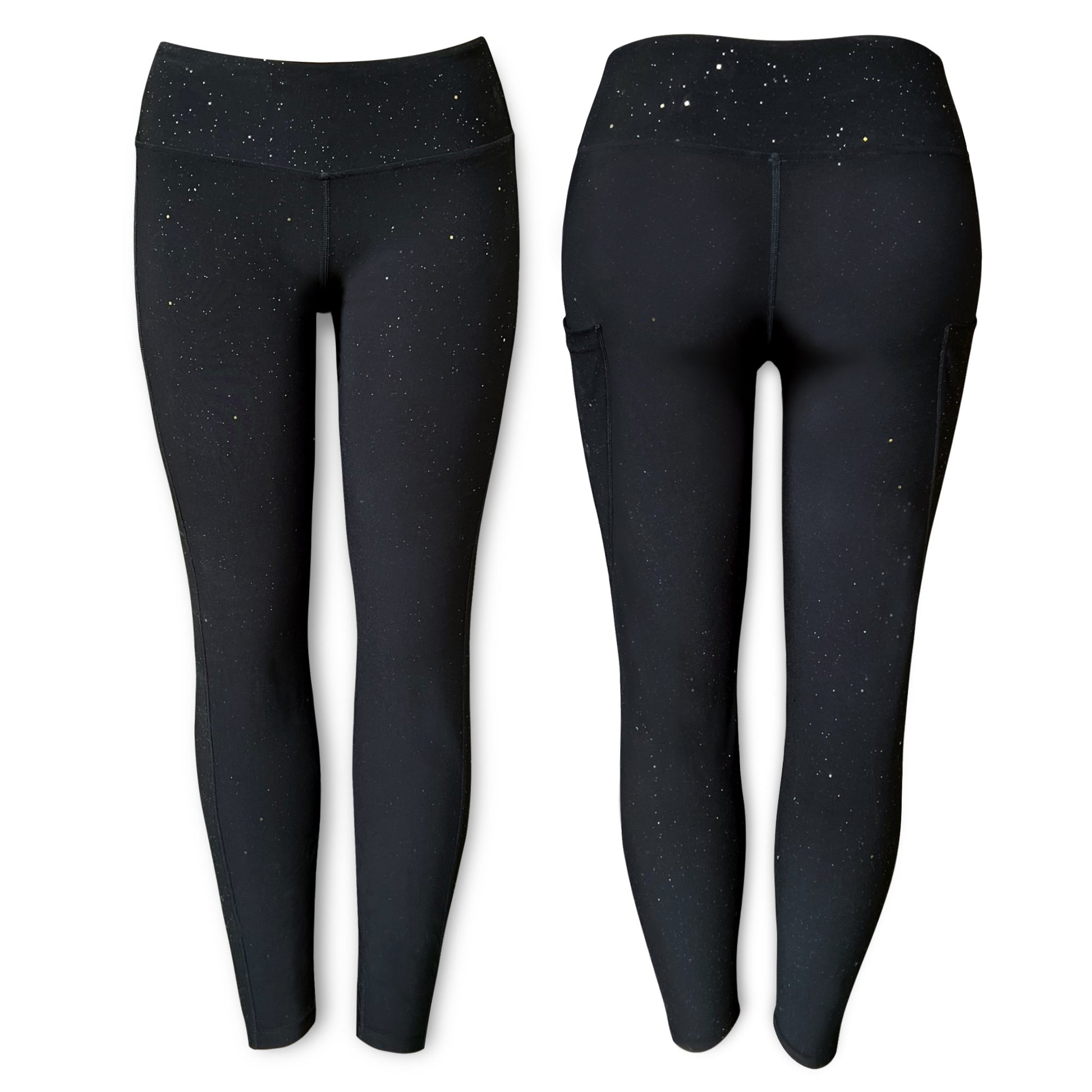 Black Galactic Leggings by Drip Drop Labs featuring cosmic star patterns and a comfortable stretch fit.