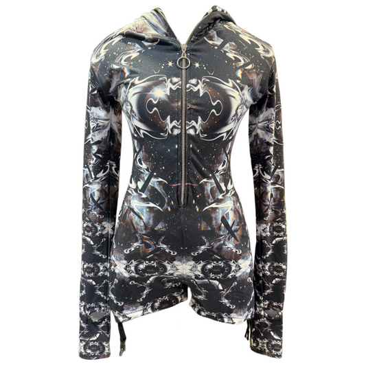 Drip Drop Labs Starlight Sight hooded rave romper with dark galactic design, featuring a futuristic festival fit and vibrant cosmic details.
