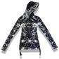 Dark galactic-themed hooded rave romper by Drip Drop Labs, featuring a vibrant, cosmic design for festival wear.