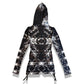 Drip Drop Labs Starlight Sight hooded rave romper with dark galactic design, featuring a futuristic festival fit and vibrant details.