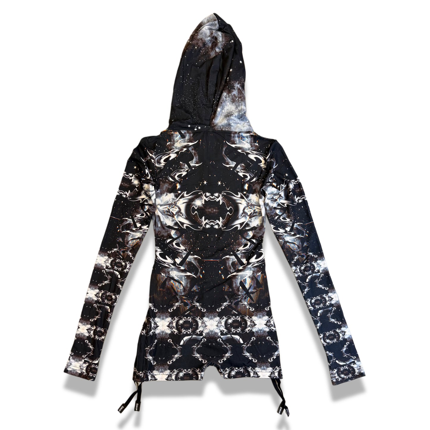 Drip Drop Labs Starlight Sight hooded rave romper with dark galactic design, featuring a futuristic festival fit and vibrant details.