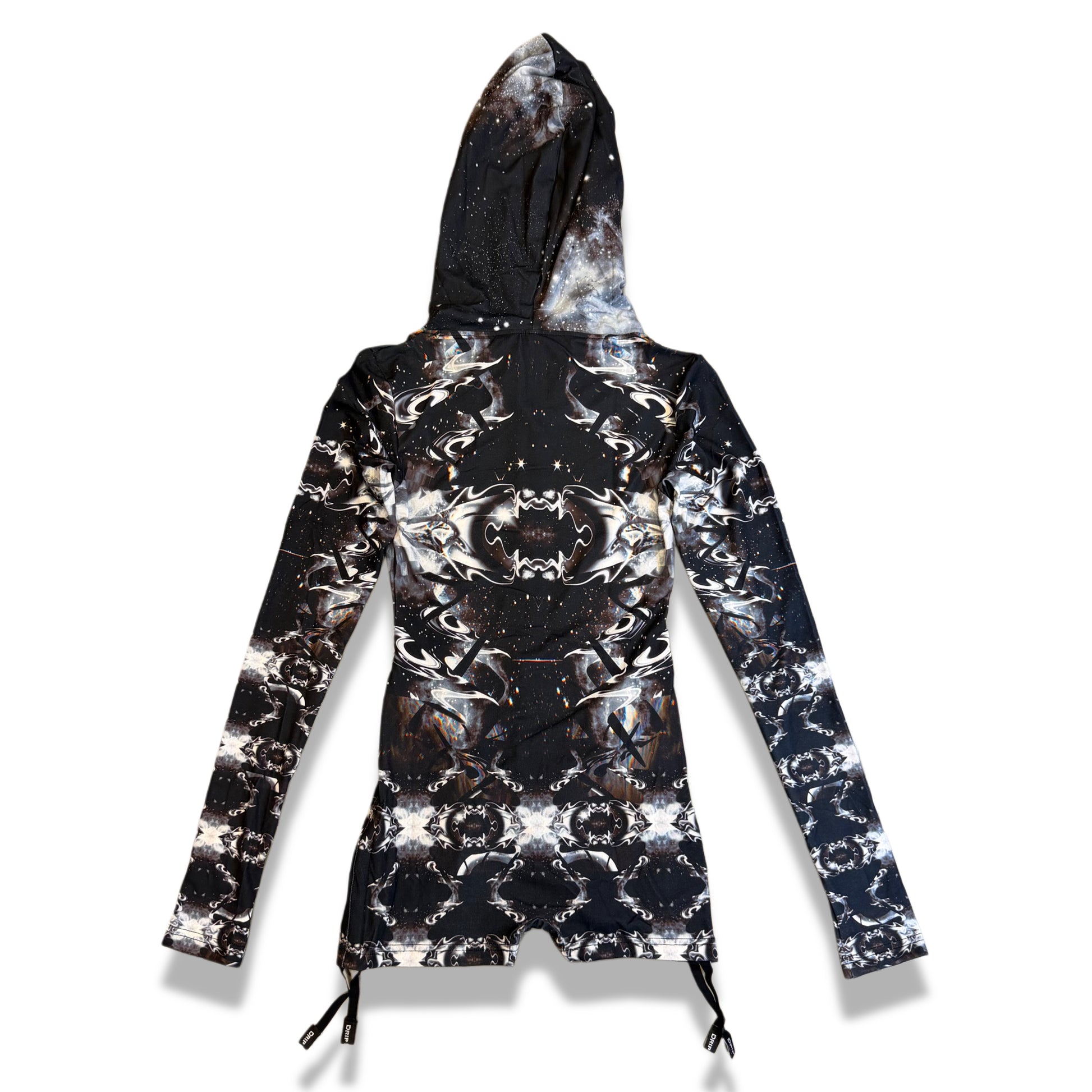 Drip Drop Labs Starlight Sight hooded rave romper with dark galactic design, featuring a futuristic festival fit and vibrant details.