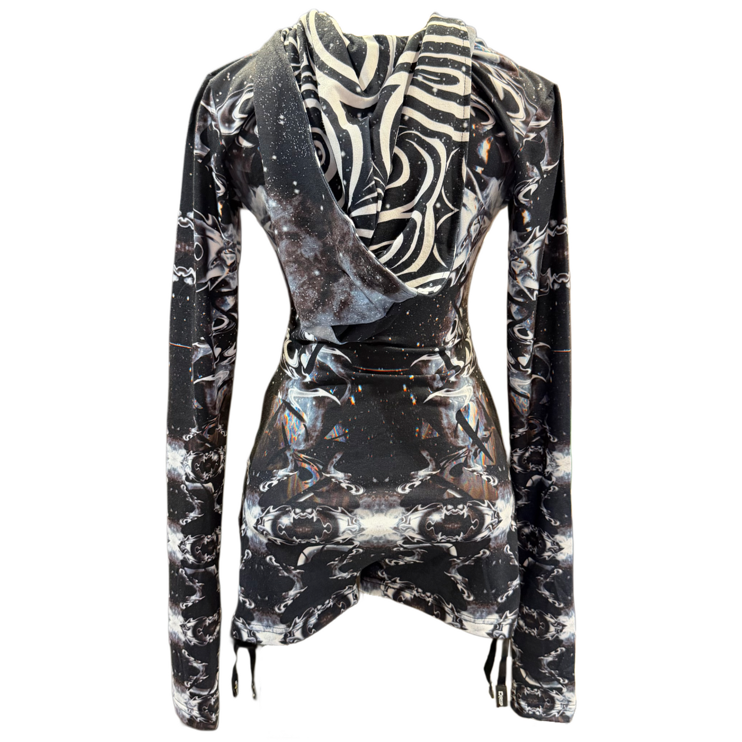 Drip Drop Labs Starlight Sight hooded rave romper featuring dark galactic print, perfect for festival and dance performances.