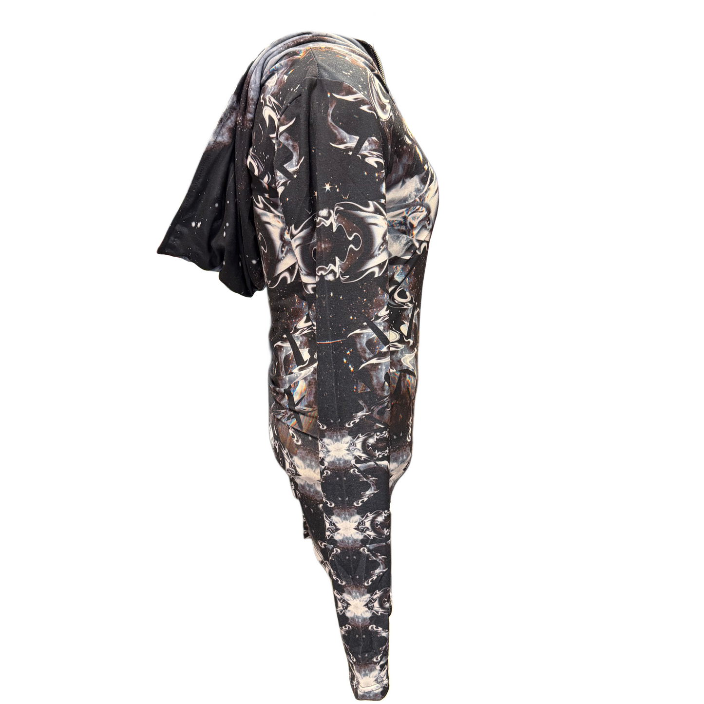 Dark galactic-themed hooded rave romper by Drip Drop Labs, featuring vibrant starry patterns and a fitted festival style.