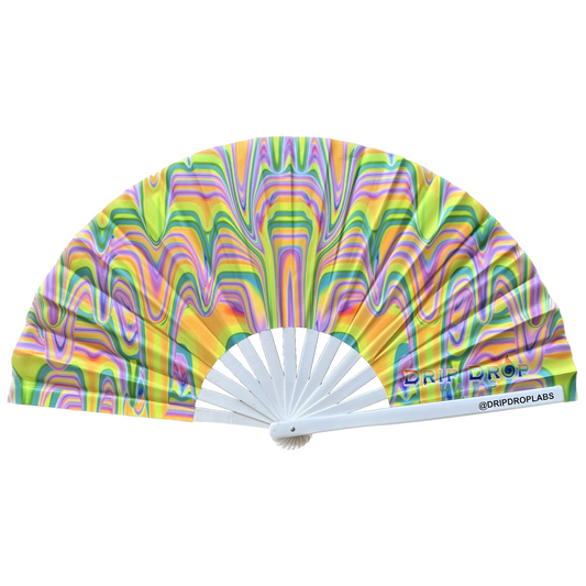 Drip Drop Labs Sunrise Drip Glow Fan with colorful illuminated blades and sleek black handle, designed for portable cooling and style.