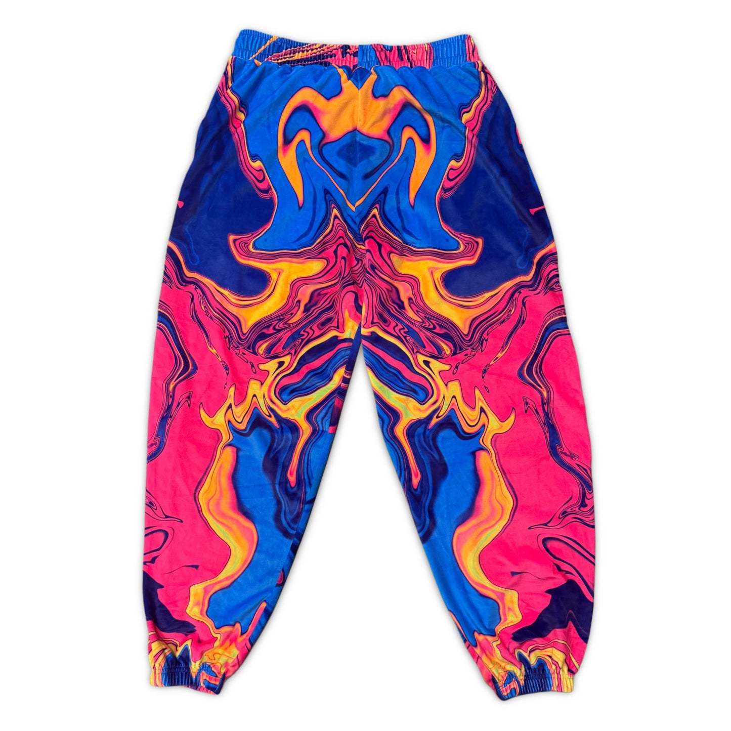 Velvet Sunset Drip parachute pants from Drip Drop Labs featuring a vibrant sunset drip pattern and relaxed fit.