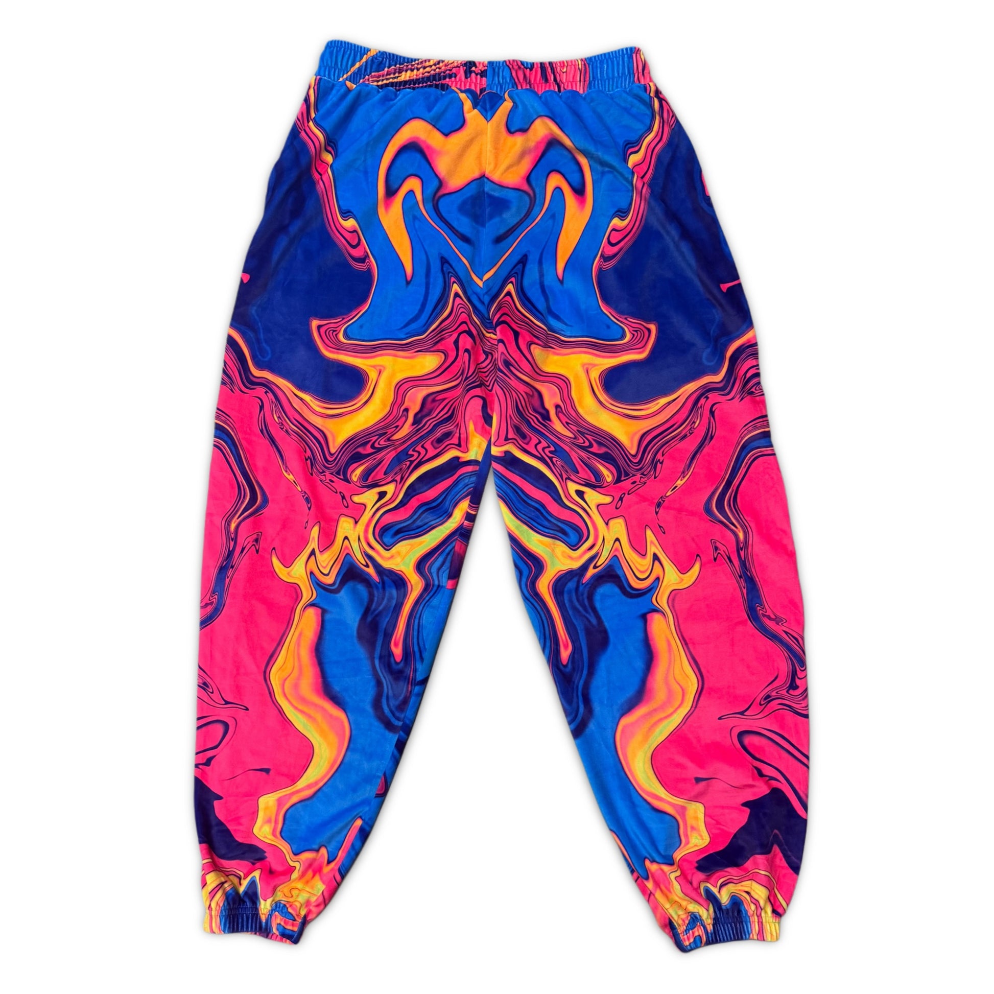 Velvet Sunset Drip parachute pants from Drip Drop Labs featuring a vibrant sunset drip pattern and relaxed fit.