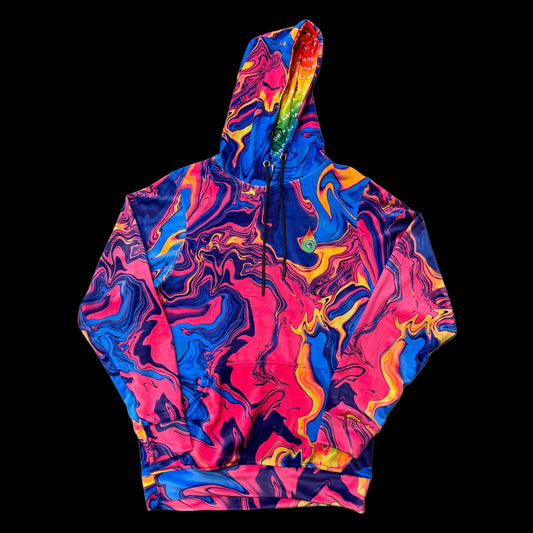 Drip Drop Labs Sunset Velvet Athletic Hoodie featuring a vibrant sunset-inspired velvet design and casual fit.