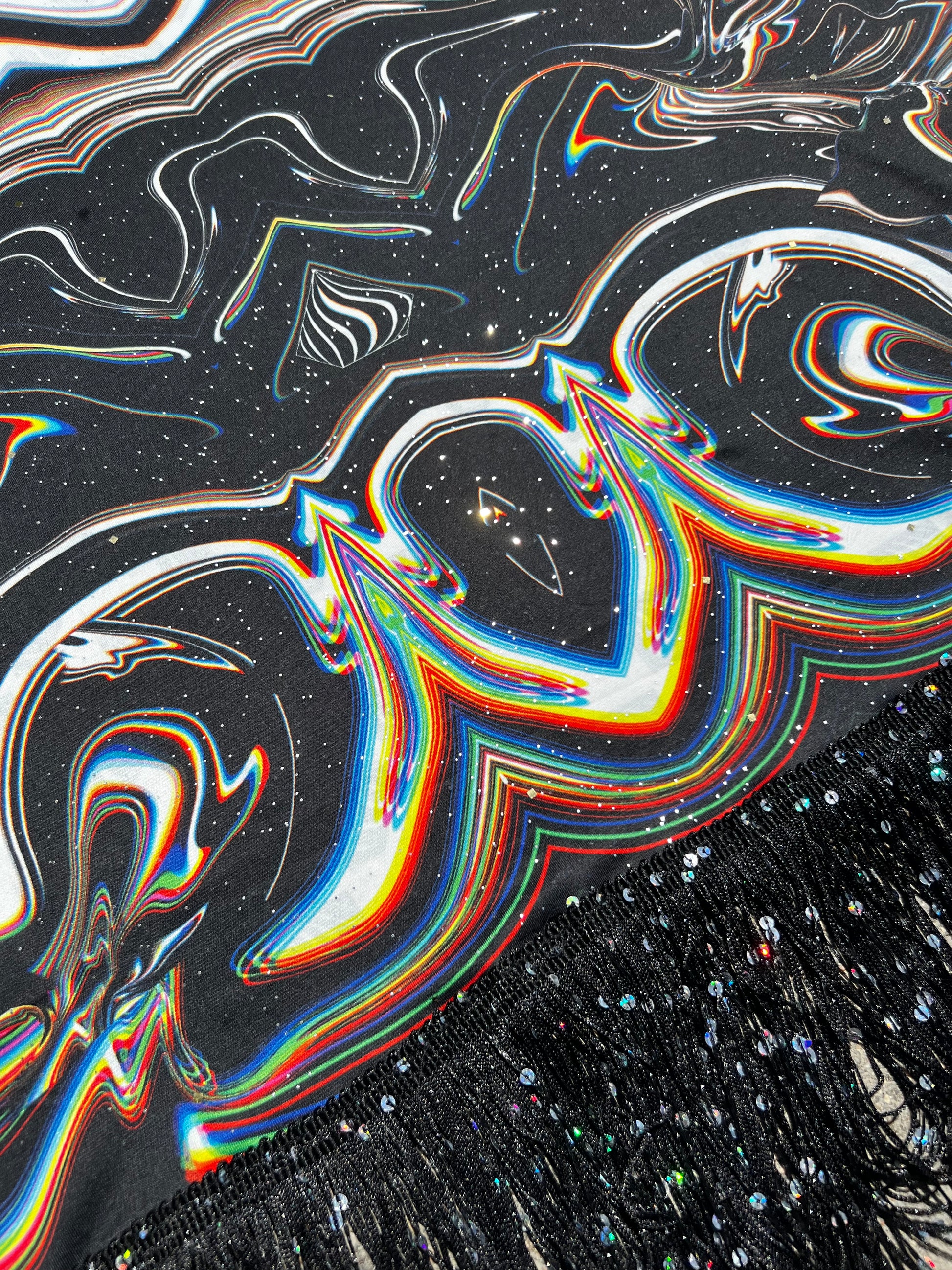 Drip Drop Labs Super Future Galactic Pashmina scarf with cosmic galaxy print, soft and luxurious fabric for stylish wear.