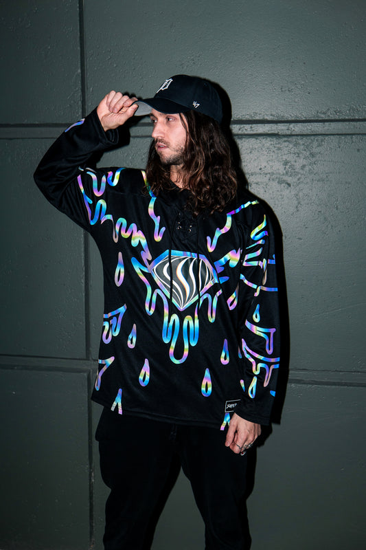 Super Future holo hockey jersey by Drip Drop Labs featuring vibrant holographic design and bold branding.