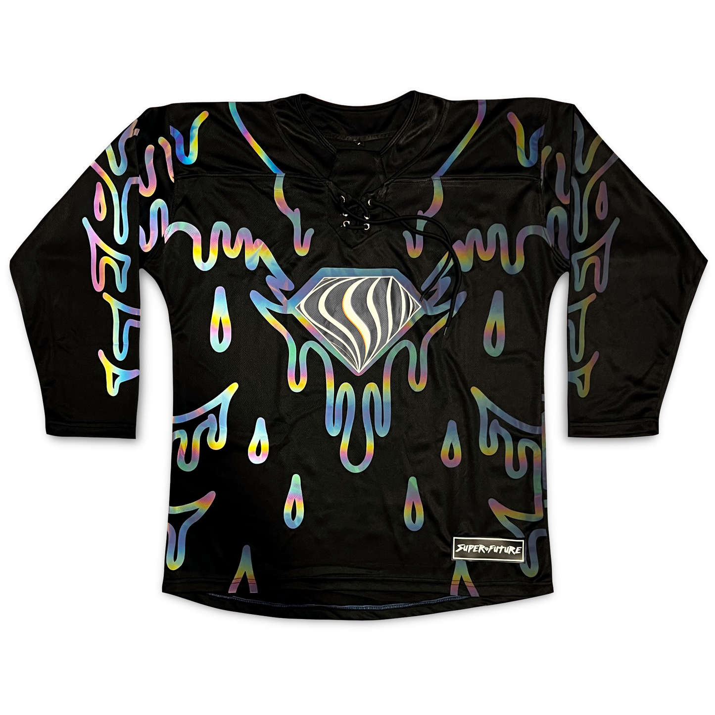 Super Future Holo Hockey Jersey by Drip Drop Labs featuring a shiny holographic design and bold team graphics.