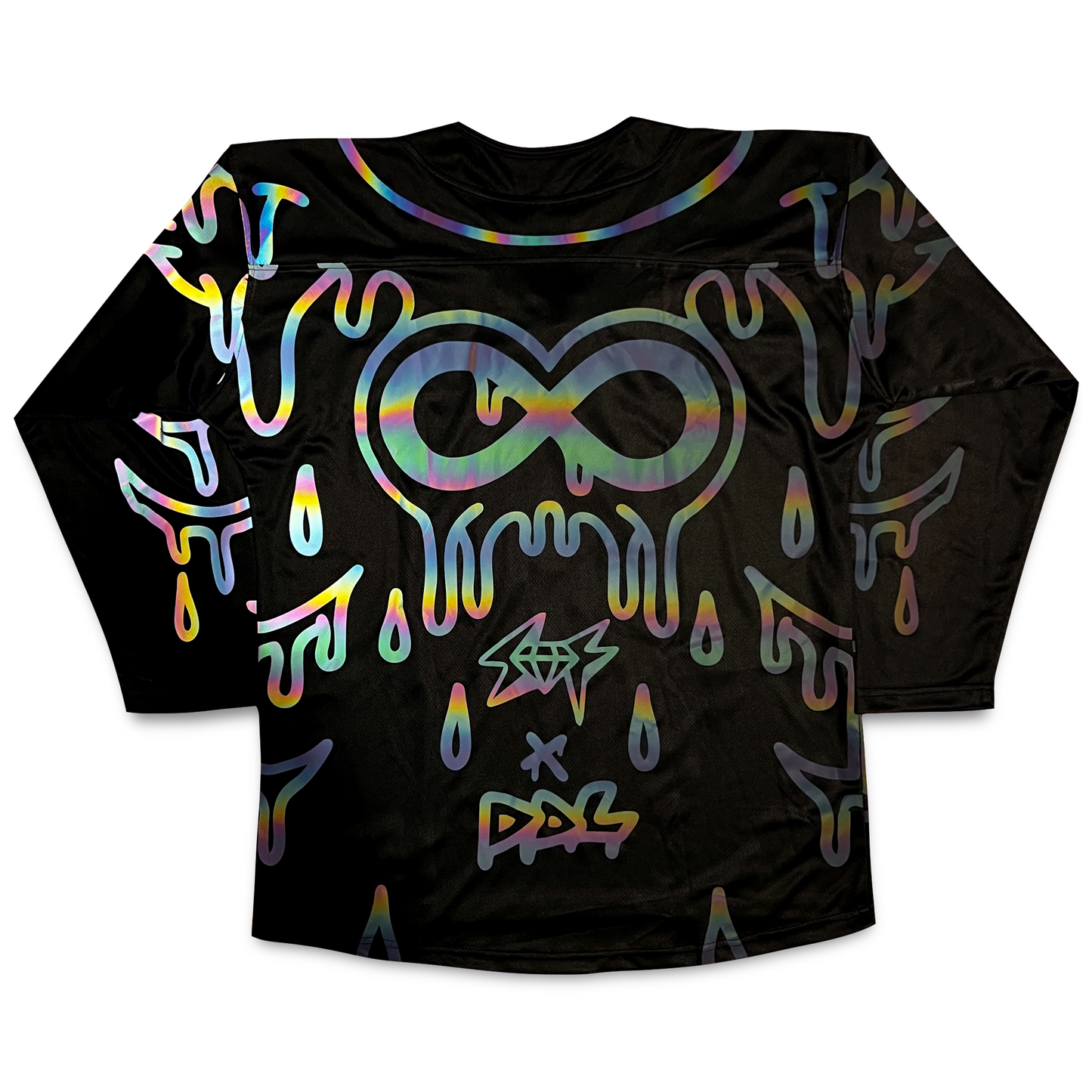 Holo hockey jersey by Drip Drop Labs featuring a shiny, holographic design with team logo and vibrant colors.