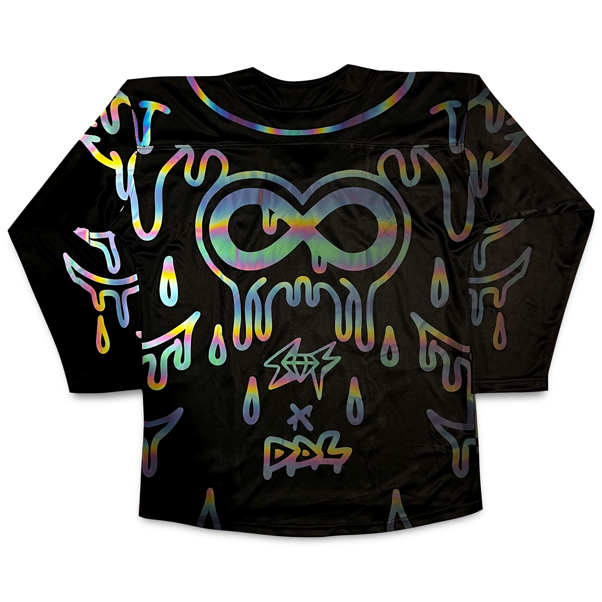 Holo hockey jersey by Drip Drop Labs featuring a shiny, holographic design with team logo and vibrant colors.