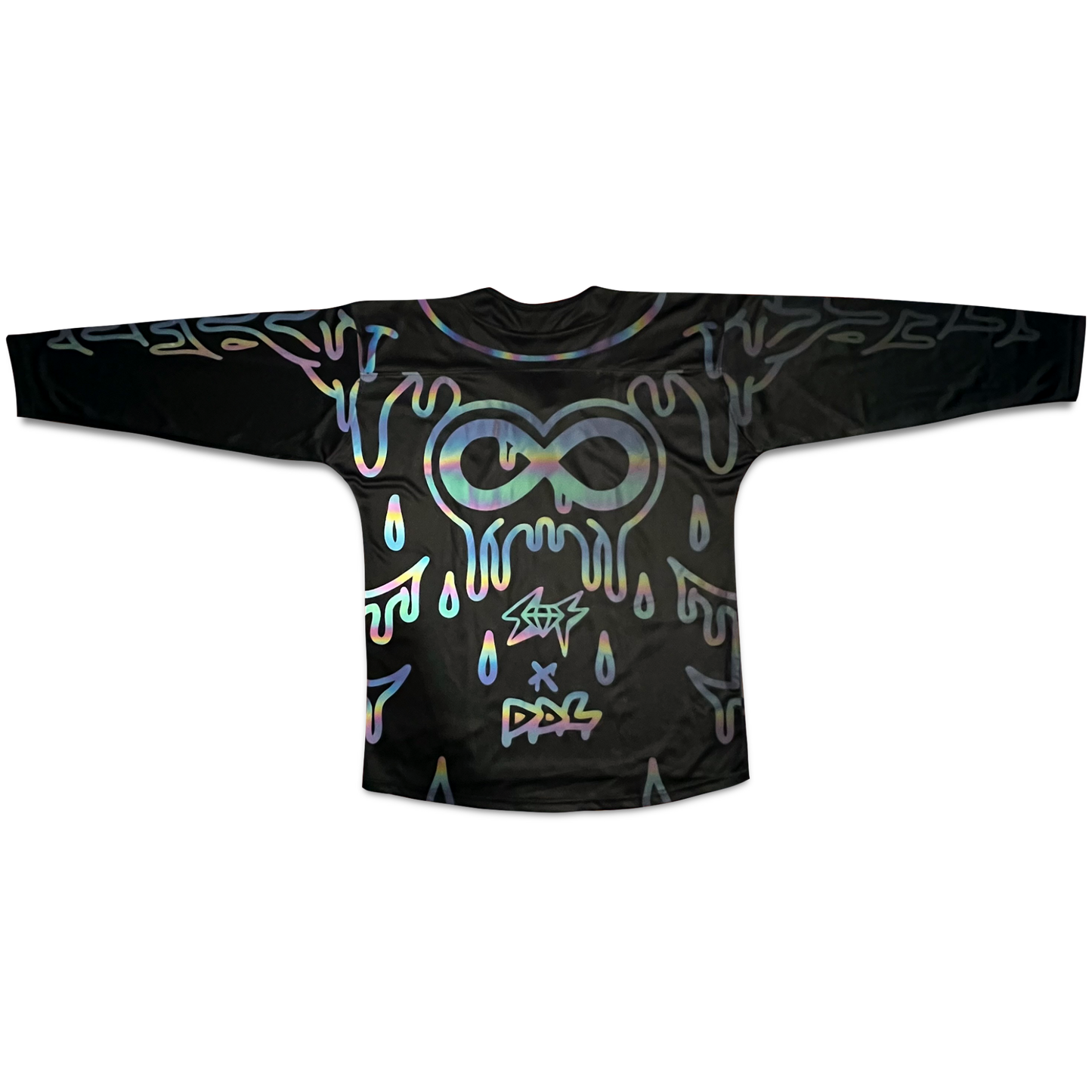 Holo hockey jersey by Drip Drop Labs featuring futuristic holographic design and vibrant colors on a sleek athletic jersey.