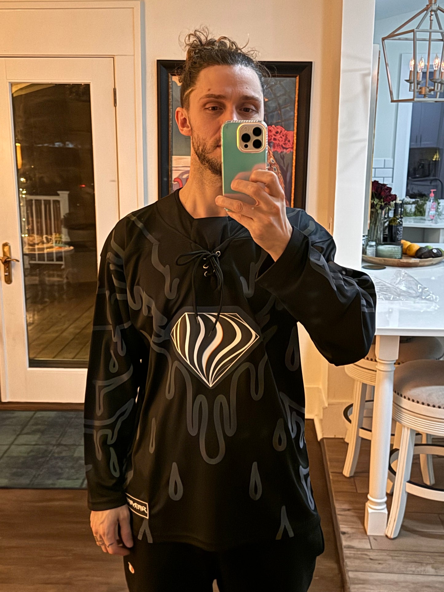 Super Future Holo Hockey Jersey by Drip Drop Labs featuring shiny holographic fabric and hockey-inspired design.