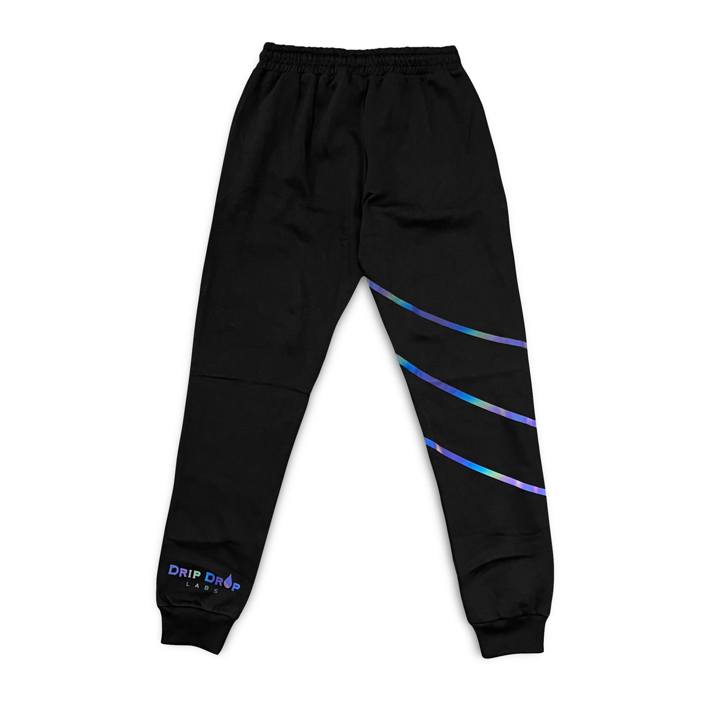 Drip Drop Labs Super Future Holo Joggers, athletic black joggers with holographic accents, casual and sporty apparel.
