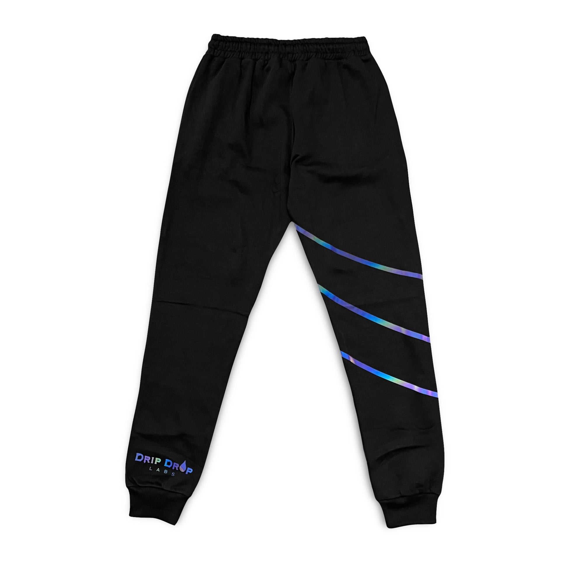 Drip Drop Labs Super Future Holo Joggers, athletic black joggers with holographic accents, casual and sporty apparel.