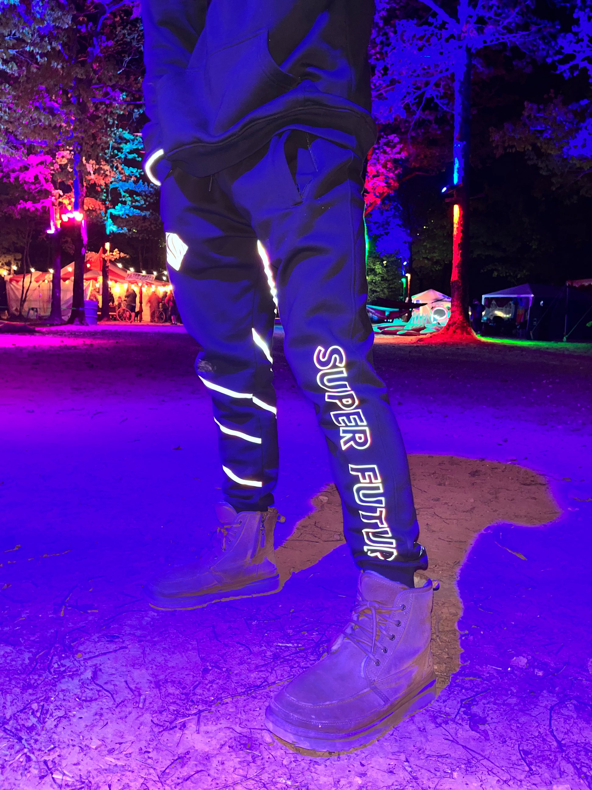 Drip Drop Labs Super Future Holo Joggers, athletic joggers with holographic design and comfortable fit, shown in a close-up shot.