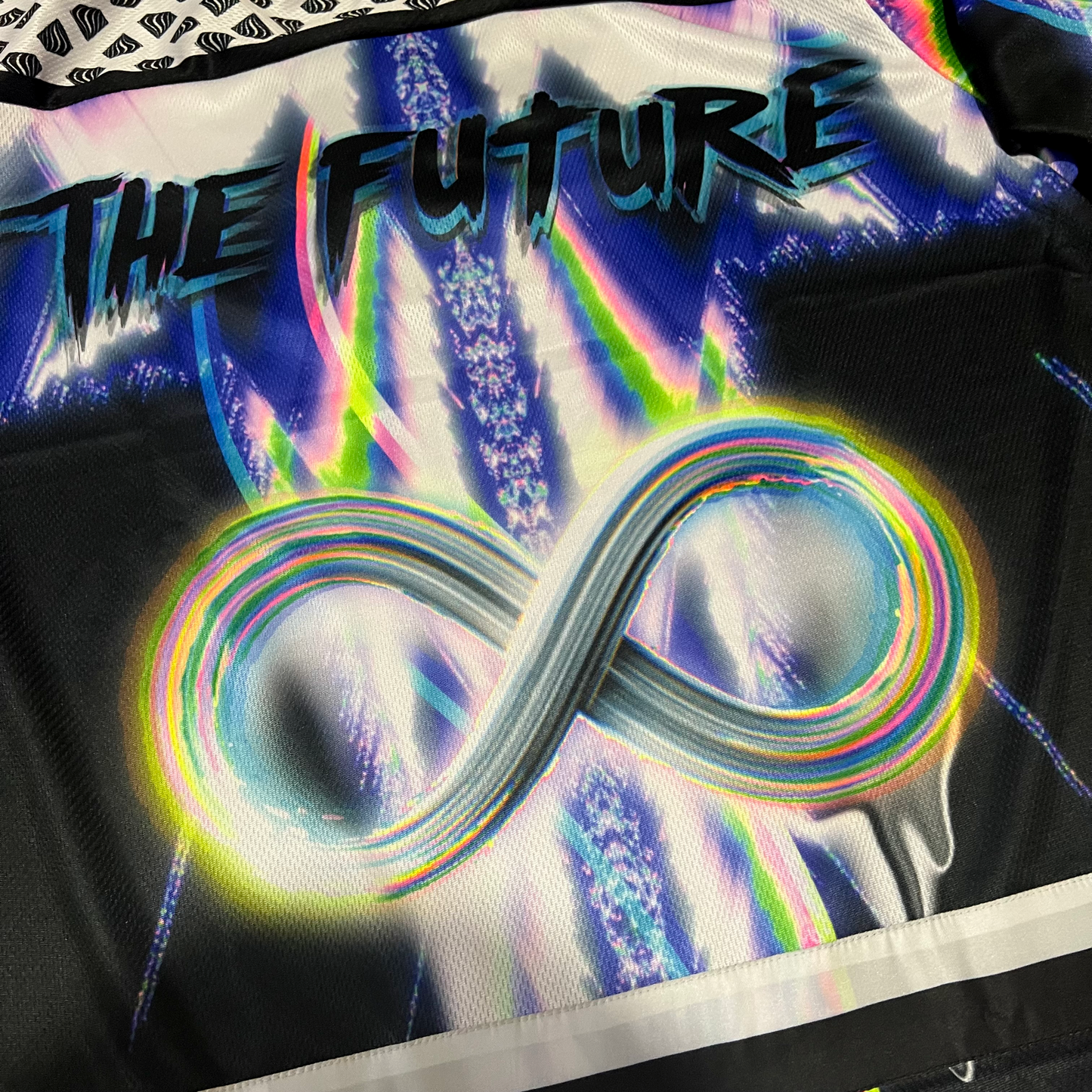 Super Future Infinite Drip Hockey Jersey by Drip Drop Labs, featuring vibrant design and team-inspired graphics.