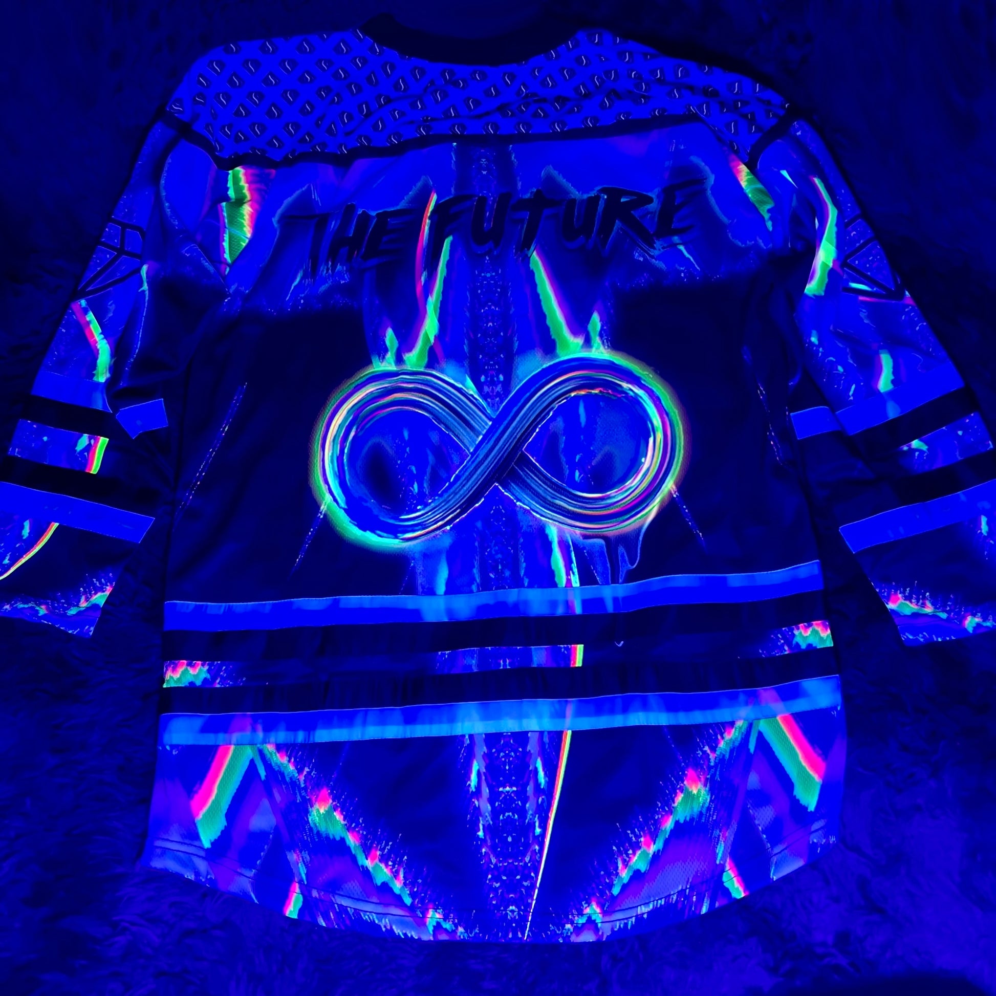 Super Future Infinite Drip Hockey Jersey by Drip Drop Labs, featuring bold graphics and vibrant colors on a stylish sports jersey.