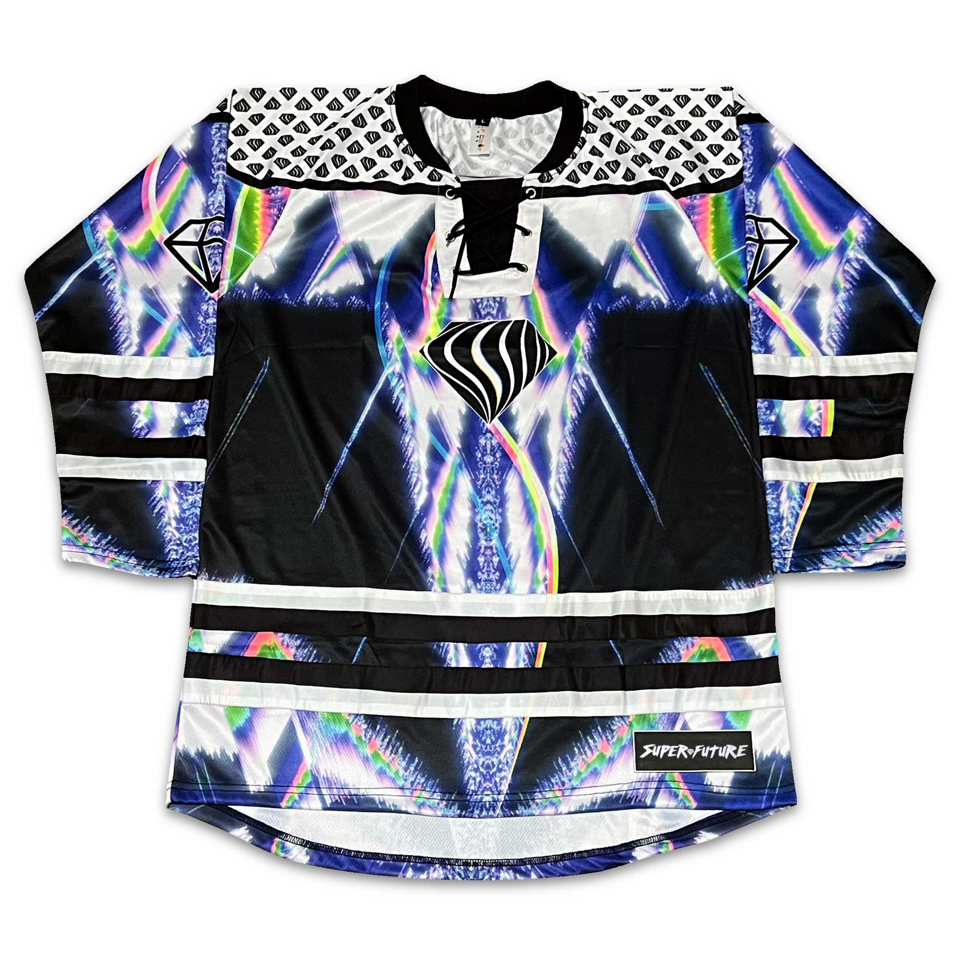 Super Future Infinite Drip Hockey Jersey by Drip Drop Labs, featuring bold graphic design and vibrant colors.
