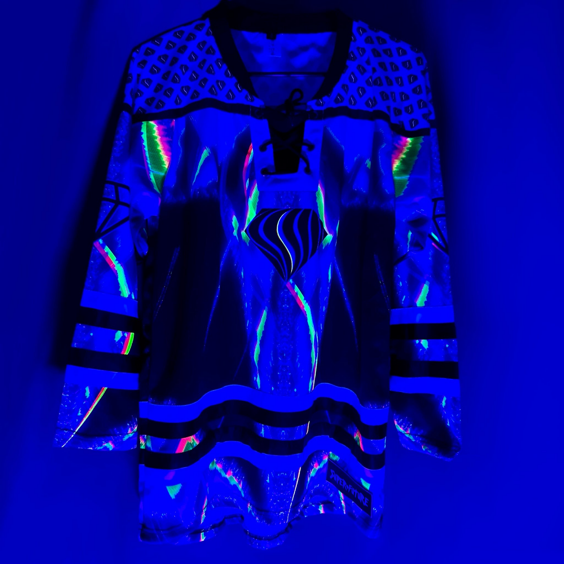 Super Future Infinite Drip Hockey Jersey by Drip Drop Labs featuring bold graphics and vibrant colors, displayed flat.