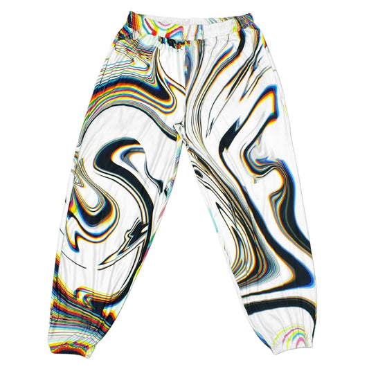 White parachute pants by Drip Drop Labs, featuring a loose fit and adjustable waistband, made from lightweight parachute fabric.