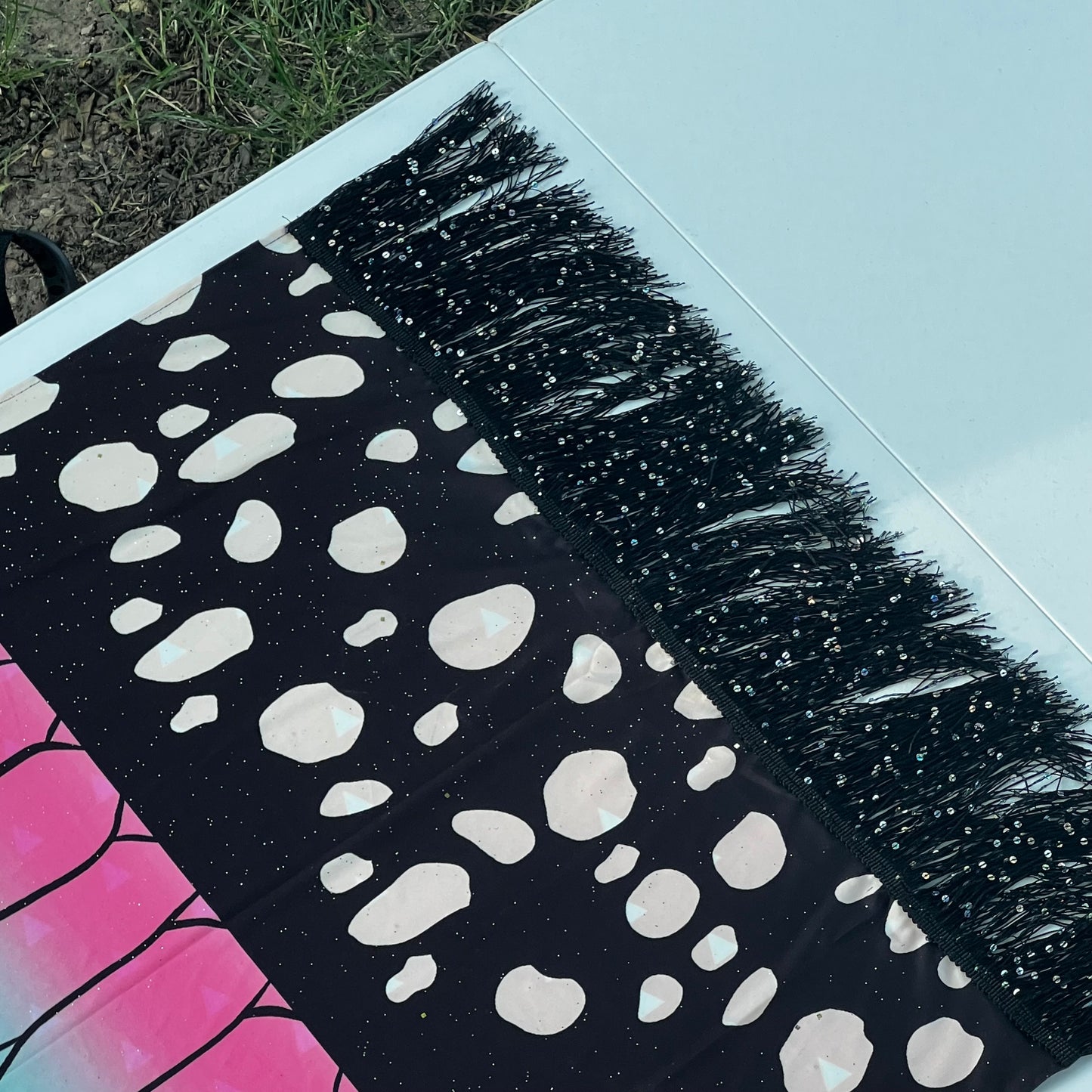 Drip Drop Labs Thunderfly Galactic Pashmina scarf featuring vibrant cosmic patterns and soft, luxurious fabric.