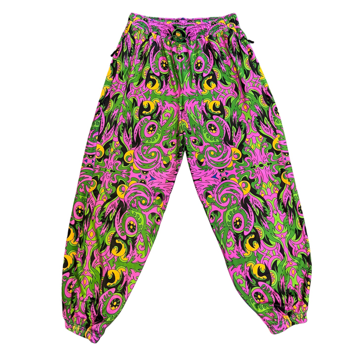 Drip Drop Labs V2 Wild Forest parachute pants with camouflage pattern, relaxed fit, and adjustable drawstring waist.